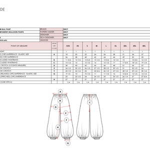 Pu&ograve; includere: Una tabella guida alle taglie per pantaloni a palloncino denominata W-BAL PANT di DRCT STUDIO. Il documento include una tabella dettagliata con le misure in pollici per le taglie dalla XXS alla 6XL, insieme a un disegno tecnico dei pantaloni che mostra i punti di misura da A a H.