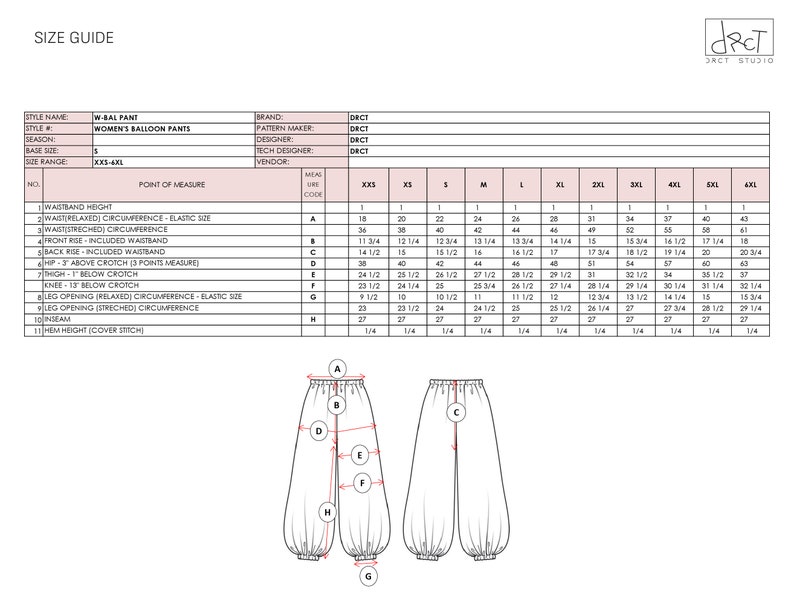Pu&ograve; includere: Una tabella guida alle taglie per pantaloni a palloncino denominata W-BAL PANT di DRCT STUDIO. Il documento include una tabella dettagliata con le misure in pollici per le taglie dalla XXS alla 6XL, insieme a un disegno tecnico dei pantaloni che mostra i punti di misura da A a H.