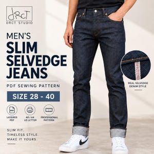 May include: Dark indigo slim fit jeans with a classic five-pocket design, metal button fly, and visible selvedge cuff detail. The image includes text for a PDF sewing pattern, size range 28-40, and icons for layered PDF, A0/A4, and US letter formats.