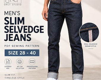 Men’s Slim Selvedge Jeans Sewing Pattern PDF, 5 Pocket Denim Pattern, Sizes 28-40, A0 A4 US Letter