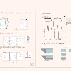 May include: A two-page instructional guide for sewing leggings, featuring a paper assembly guide with numbered steps for trimming and joining pages, and a sewing guide illustrating waistband construction, hem folds, and recommended stretch fabric stitches.