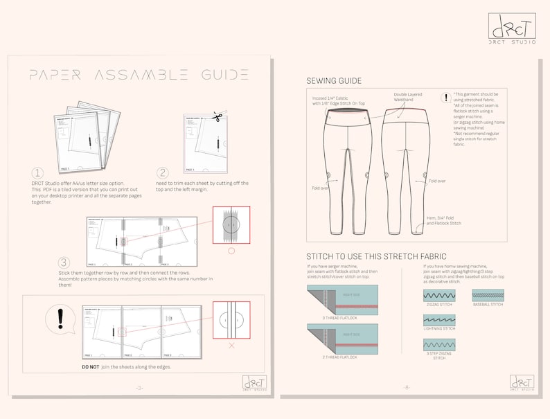 May include: A two-page instructional guide for sewing leggings, featuring a paper assembly guide with numbered steps for trimming and joining pages, and a sewing guide illustrating waistband construction, hem folds, and recommended stretch fabric stitches.