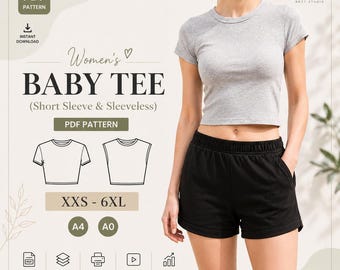 Women’s Baby Tee Sewing Pattern | PDF Digital Download | XXS–6XL | Short Sleeve & Sleeveless | A4 / A0