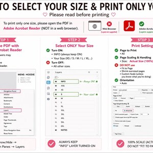 May include: An instructional graphic titled HOW TO SELECT YOUR SIZE & PRINT ONLY YOUR SIZE. It outlines three steps for printing PDF layers using Adobe Acrobat Reader, including visual examples of menu navigation, layer selection, and print settings.