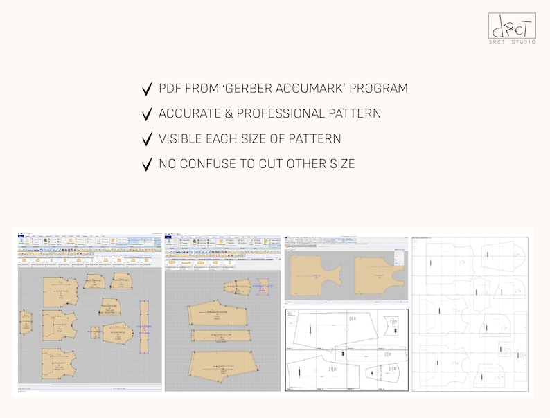 May include: A digital sewing pattern display from the Gerber Accumark program, featuring tan-colored pattern pieces on a grid background, alongside a white-background layout of black-lined pattern shapes, with text stating PDF FROM GERBER ACCUMARK PROGRAM.