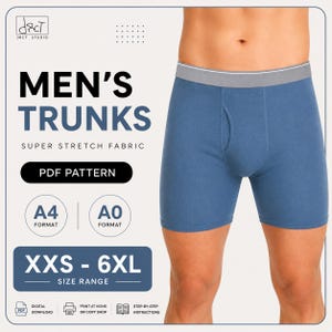 Puede incluir: Trunks azules con cintura gris, presentados como patrón PDF. El texto incluye: MEN'S TRUNKS, SUPER STRETCH FABRIC, PDF PATTERN, A4 FORMAT, A0 FORMAT, XXS - 6XL SIZE RANGE, DIGITAL DOWNLOAD, PRINT AT HOME OR COPY SHOP, STEP-BY-STEP INSTRUCTIONS.