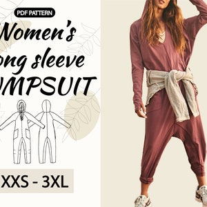 Women's long Sleeve Jumpsuit Pattern|Women's Long Sleeve Romper Pattern|Hoodie Overall pattern|Relaxed fit|PDF A4|Instant download|XXS-3 XL