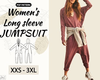 Hoodie Jumpsuit Sewing Pattern: Women's Long Sleeve Romper (PDF Digital Download)