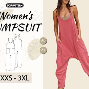 Puede incluir: Patrón PDF para un mono de mujer. El patrón incluye tallas XXS a 3XL y está disponible en tamaños A0 y A4. La imagen muestra a una modelo con un mono rojo.