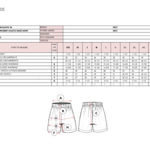 May include: A size guide chart for elastic band shorts labeled W-ELASTIC SH by DRCT. The table lists measurements in inches for sizes XXS through 6XL, covering waistband, rise, hip, thigh, leg opening, and inseam. Includes a line drawing of shorts.