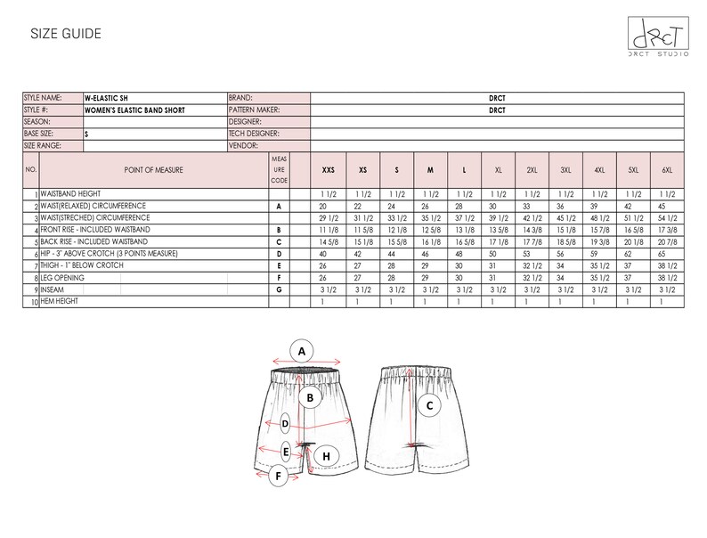 May include: A size guide chart for elastic band shorts labeled W-ELASTIC SH by DRCT. The table lists measurements in inches for sizes XXS through 6XL, covering waistband, rise, hip, thigh, leg opening, and inseam. Includes a line drawing of shorts.
