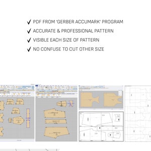 May include: A digital sewing pattern display featuring four panels of Gerber Accumark software screenshots. The text reads: PDF FROM 'GERBER ACCUMARK' PROGRAM, ACCURATE & PROFESSIONAL PATTERN, VISIBLE EACH SIZE OF PATTERN, NO CONFUSE TO CUT OTHER SIZE.
