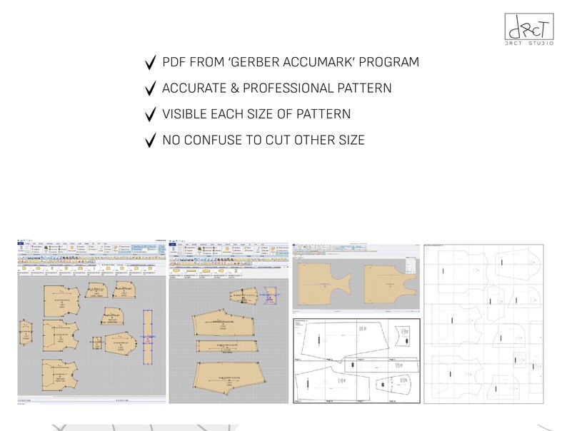 May include: A digital sewing pattern display featuring four panels of Gerber Accumark software screenshots. The text reads: PDF FROM 'GERBER ACCUMARK' PROGRAM, ACCURATE & PROFESSIONAL PATTERN, VISIBLE EACH SIZE OF PATTERN, NO CONFUSE TO CUT OTHER SIZE.