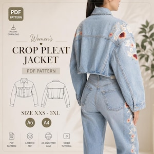 Women’s Crop Pleat Denim Jacket Sewing Pattern | A4 / A0 | XXS–3XL | PDF Digital Download