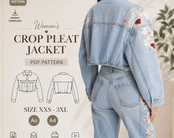 Women’s Crop Pleat Denim Jacket Sewing Pattern | A4 / A0 | XXS–3XL | PDF Digital Download