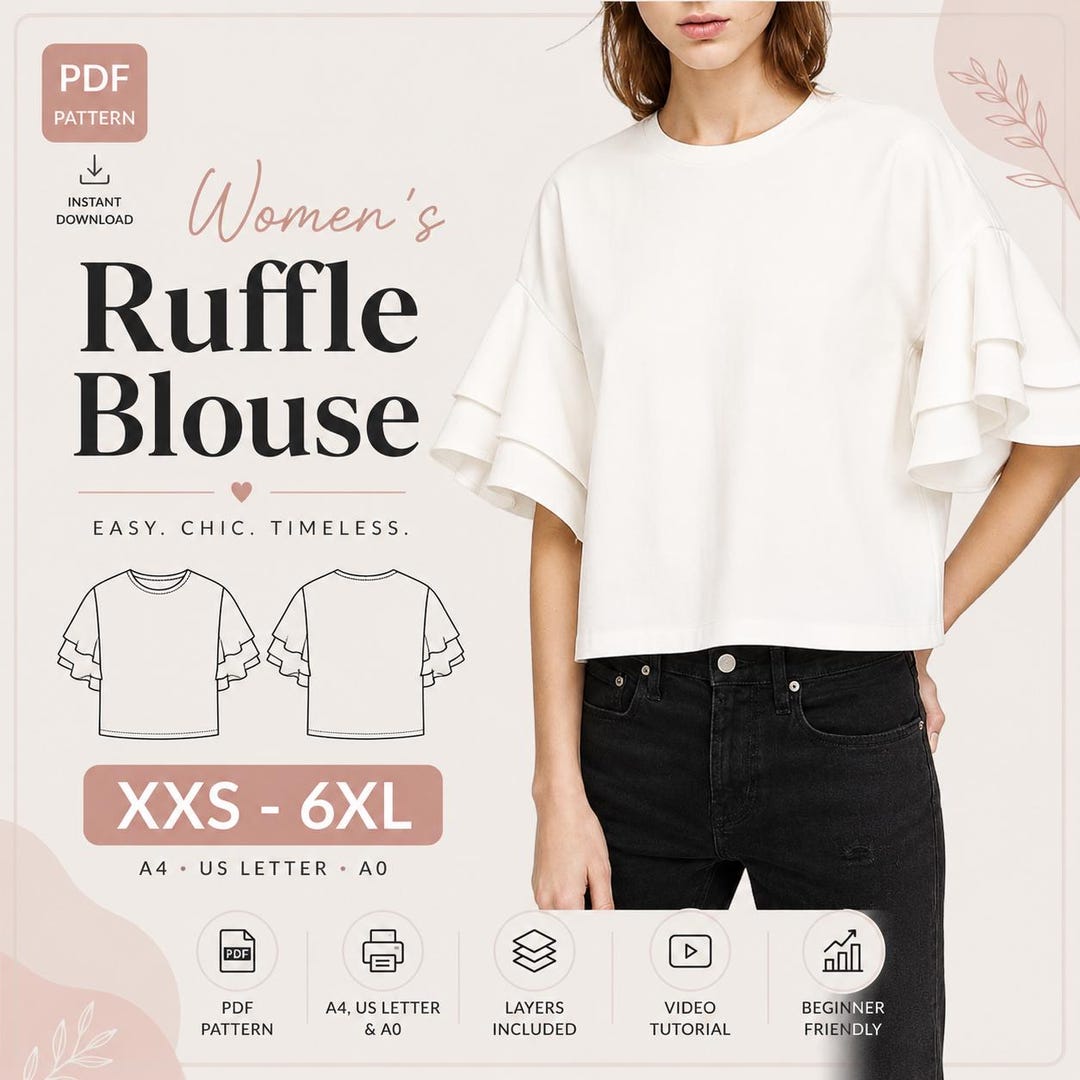 Women’s Ruffle Blouse Sewing Pattern | PDF Digital Download | XXS–6XL ...