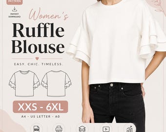 Cartamodello per camicetta da donna con volant / Download digitale PDF / XXS–6XL / A4/A0 / Manica corta