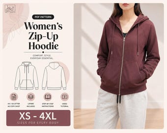 Women's Relaxed Fit Zip-Up Hoodie Sewing Pattern (XS-4XL) (PDF Download A4/A0/Letter Size)