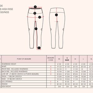 May include: A size guide for high rise capri leggings featuring a front and back view illustration with labeled measurement points A through F. A table provides specific measurements in inches for sizes XS through XL for ten points of measure.