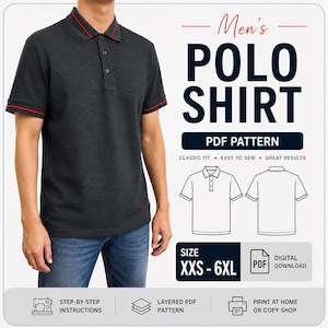 May include: A dark gray polo shirt with a collar and sleeve cuffs featuring thin red stripes. The shirt has a three-button placket. Text on the image includes "Men's POLO SHIRT", "PDF PATTERN", "CLASSIC FIT", "EASY TO SEW", "GREAT RESULTS", and "SIZE XXS - 6XL".