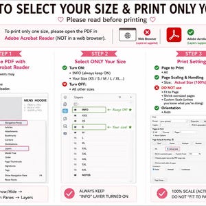 May include: An instructional graphic titled HOW TO SELECT YOUR SIZE & PRINT ONLY YOUR SIZE. It outlines three steps for printing PDF layers using Adobe Acrobat Reader, including visual examples of menu navigation, layer selection, and print settings.