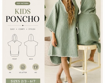 Patrón de costura para poncho con capucha infantil / Tallas 2/3-6/7 (Descarga digital en PDF)