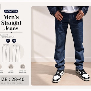 May include: A digital PDF sewing pattern for straight-leg jeans, featuring text that reads Men's Straight Jeans, A4, A0, and Size: 28-40. The image displays a technical line drawing of the front and back of the jeans alongside a photograph of dark blue denim jeans worn with black and white trainers.