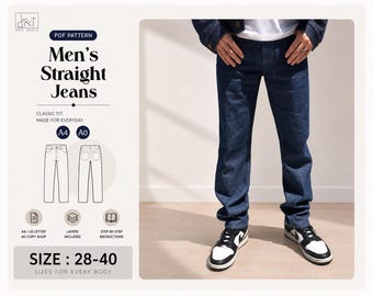 Men's Straight Leg Jeans PDF Sewing Pattern, Waist 28–40, A4 A0 Letter