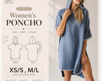 Women's Hooded Poncho PDF Sewing Pattern | Poncho Dress | Beach Cover Up | XS/S M/L | A4 A0 US Letter | Digital Download