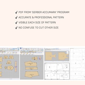May include: A digital sewing pattern display featuring Gerber Accumark software interface screenshots. The image includes text: PDF FROM 'GERBER ACCUMARK' PROGRAM, ACCURATE & PROFESSIONAL PATTERN, VISIBLE EACH SIZE OF PATTERN, NO CONFUSE TO CUT OTHER SIZE, and DRCT STUDIO logo.