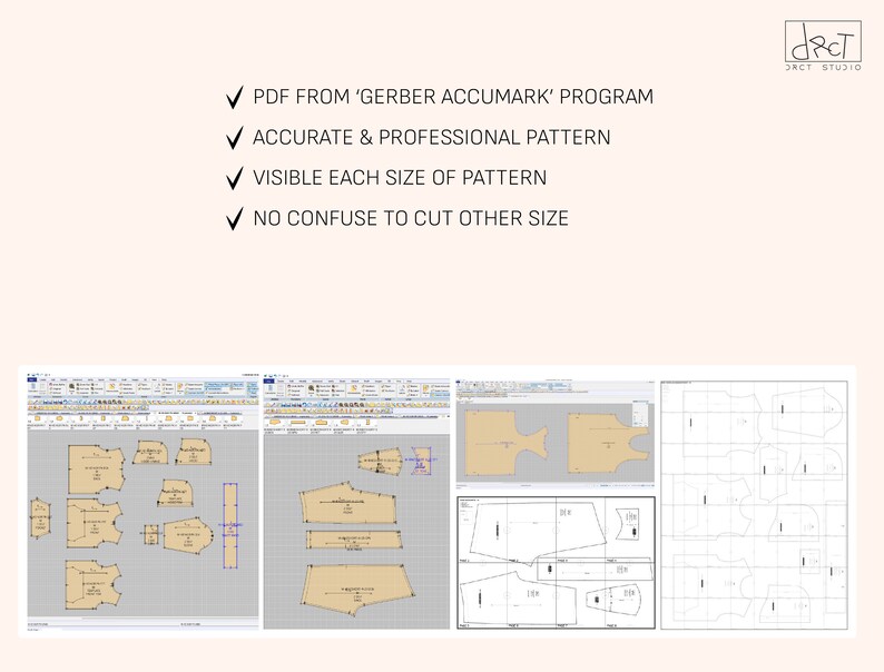 May include: A digital sewing pattern display featuring Gerber Accumark software interface screenshots. The image includes text: PDF FROM 'GERBER ACCUMARK' PROGRAM, ACCURATE & PROFESSIONAL PATTERN, VISIBLE EACH SIZE OF PATTERN, NO CONFUSE TO CUT OTHER SIZE, and DRCT STUDIO logo.