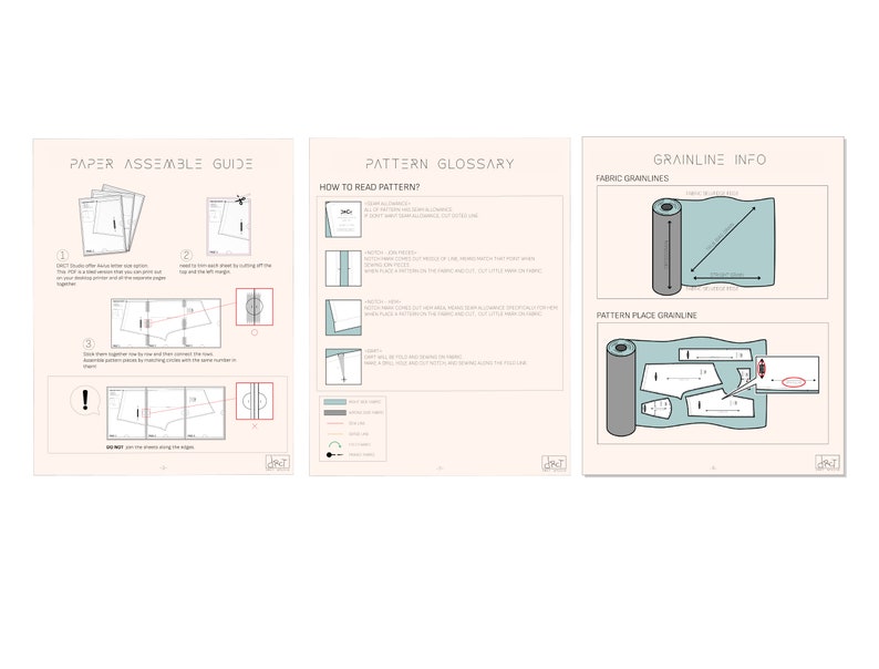May include: A guide for assembling paper patterns for sewing projects. The guide includes instructions on how to read the pattern, assemble the pieces, and place the pattern on fabric. The guide also includes information on grainlines and how to use them.