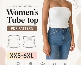 May include: A sewing pattern for a tube top, labeled Women's Tube top PDF PATTERN, featuring sizes XXS-6XL. The image displays a white strapless tube top, two line-art illustrations of the garment, and icons for PDF, printer, layers, video, and beginner.