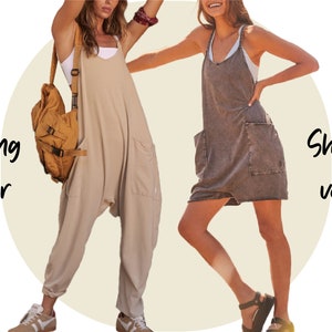 May include: Two women modeling a sleeveless jumpsuit with pockets. The woman on the left is wearing a long version of the jumpsuit and a brown backpack. The woman on the right is wearing a short version of the jumpsuit. The text "Long ver" is on the left and "Short ver" is on the right.