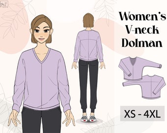 Women’s V-Neck Dolman Top Sewing Pattern | A4 / A0 / Letter | XS–4XL | PDF Digital Download