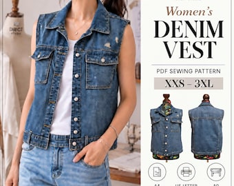 Women’s Denim Vest Sewing Pattern | XXS–3XL | A4 / A0 / Letter | Digital Download