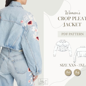 Puede incluir: Un patrón PDF para una chaqueta vaquera corta con pliegues. El patrón está disponible en tallas XXS-3XL y se puede imprimir en papel A0 o A4. La imagen muestra a una modelo usando una chaqueta similar con bordados florales.