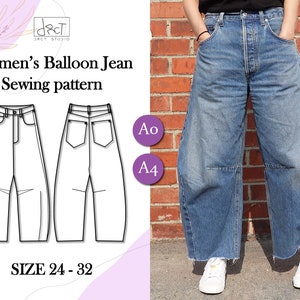 A4, A0 | Women&#39;s Balloon Jeans Sewing Pattern | 24 - 32 | Digital PDF