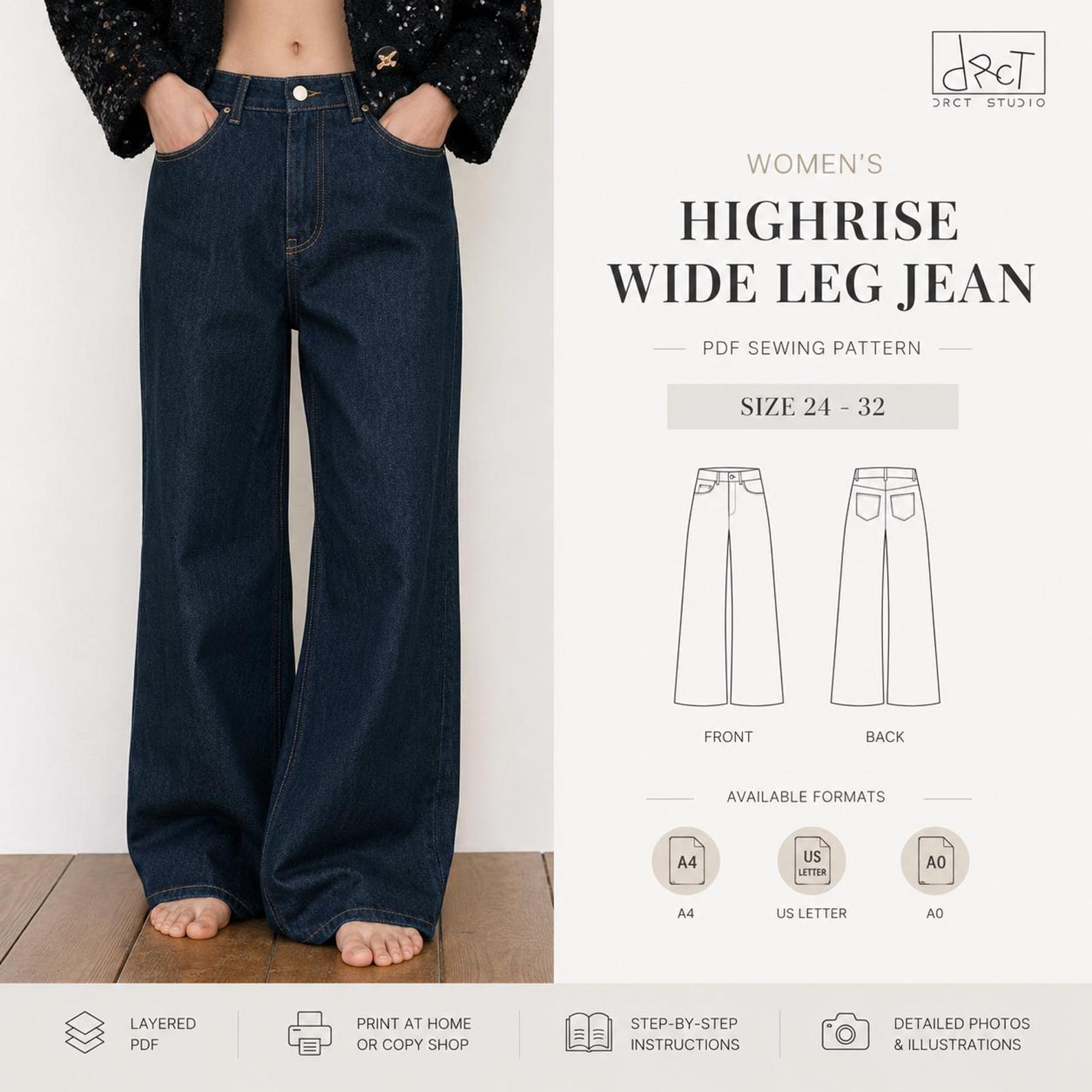 Women’s High-rise Wide Leg Jeans | PDF Pattern | Sizes 24–32 | A4 A0 - Etsy