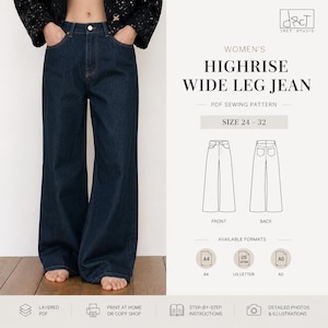 Puede incluir: Un patrón de costura en PDF para jeans de tiro alto y pierna ancha en tallas 24-32. La imagen muestra jeans de mezclilla azul oscuro, un dibujo técnico de las vistas frontal y trasera, e iconos para formatos A4, US Letter y A0 con instrucciones.