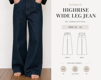 Women’s High-Rise Wide Leg Jeans | PDF Pattern | Sizes 24–32 | A4 A0
