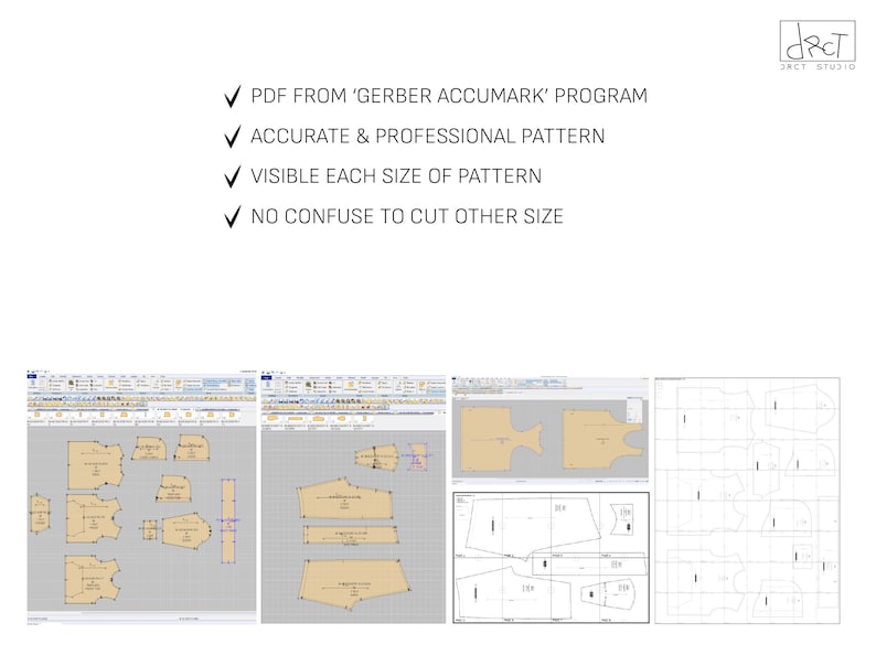 May include: A computer screen displaying a pattern design program. The program shows a pattern for a garment with different sizes. The text on the screen reads 'PDF from 'GERBER ACCUMARK' PROGRAM'.