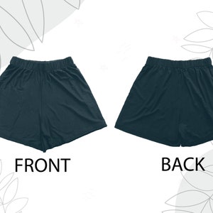 May include: A pair of dark teal shorts with an elastic waistband, shown from both the front and back views. The shorts feature a loose, flared leg design and a simple, solid-colored fabric construction, labeled as FRONT and BACK in the image.