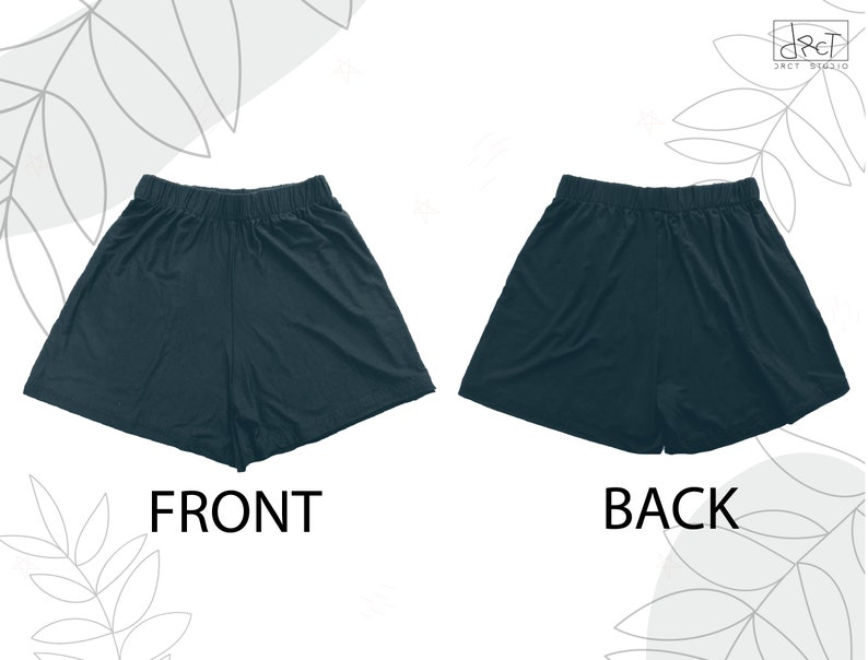 May include: A pair of dark teal shorts with an elastic waistband, shown from both the front and back views. The shorts feature a loose, flared leg design and a simple, solid-colored fabric construction, labeled as FRONT and BACK in the image.