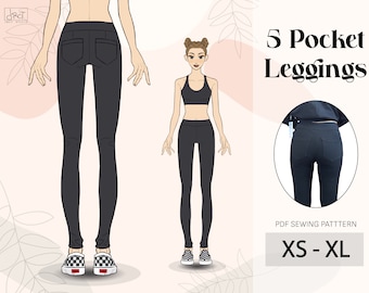 Patrón de costura en PDF / XS-4XL / Leggings de 5 bolsillos para mujer / PDF digital / Tamaño A4 / Carta, A0