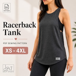 May include: A dark charcoal gray racerback tank top with a rounded hem and a small rectangular logo patch at the bottom. The text on the image reads Racerback Tank, PDF SEWING PATTERN, XS - 4XL, and DRCT STUDIO with a PDF icon.