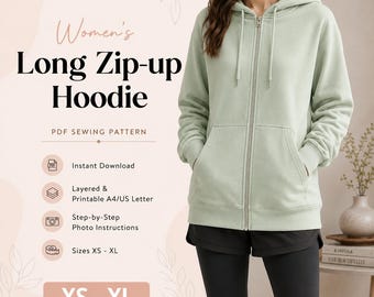 Long Zip-Up Hoodie Sewing Pattern | Oversize XS-XL | A4 / A0 / Letter | Digital Download