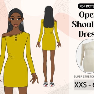 May include: A digital illustration of a yellow off-the-shoulder dress with long sleeves. The dress has a single button closure on the left shoulder. The illustration shows the dress on a woman with dark skin and long black hair. The text "PDF PATTERN" is at the top of the image. The text "Open Shoulder Dress" is in large bold letters below the "PDF PATTERN" text. The text "SUPER STRETCH FABRIC" is below the dress illustration. The text "XXS - 6XL" is below the "SUPER STRETCH FABRIC" text.