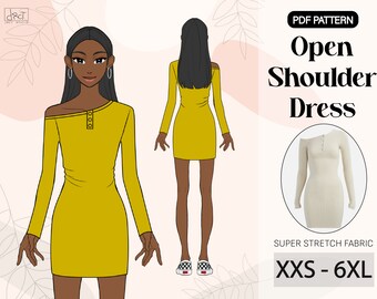 A4, A0 |  Open Shoulder Dress Sewing Pattern |  XXS-6XL | Digital PDF  | Super Stretch Fabric |