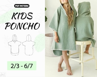 A4, A0 | Kids Poncho Sewing Pattern | 2/3 - 6/7Kids Poncho | muslin poncho | surf poncho | Bath poncho | Beach poncho | Digital PDF